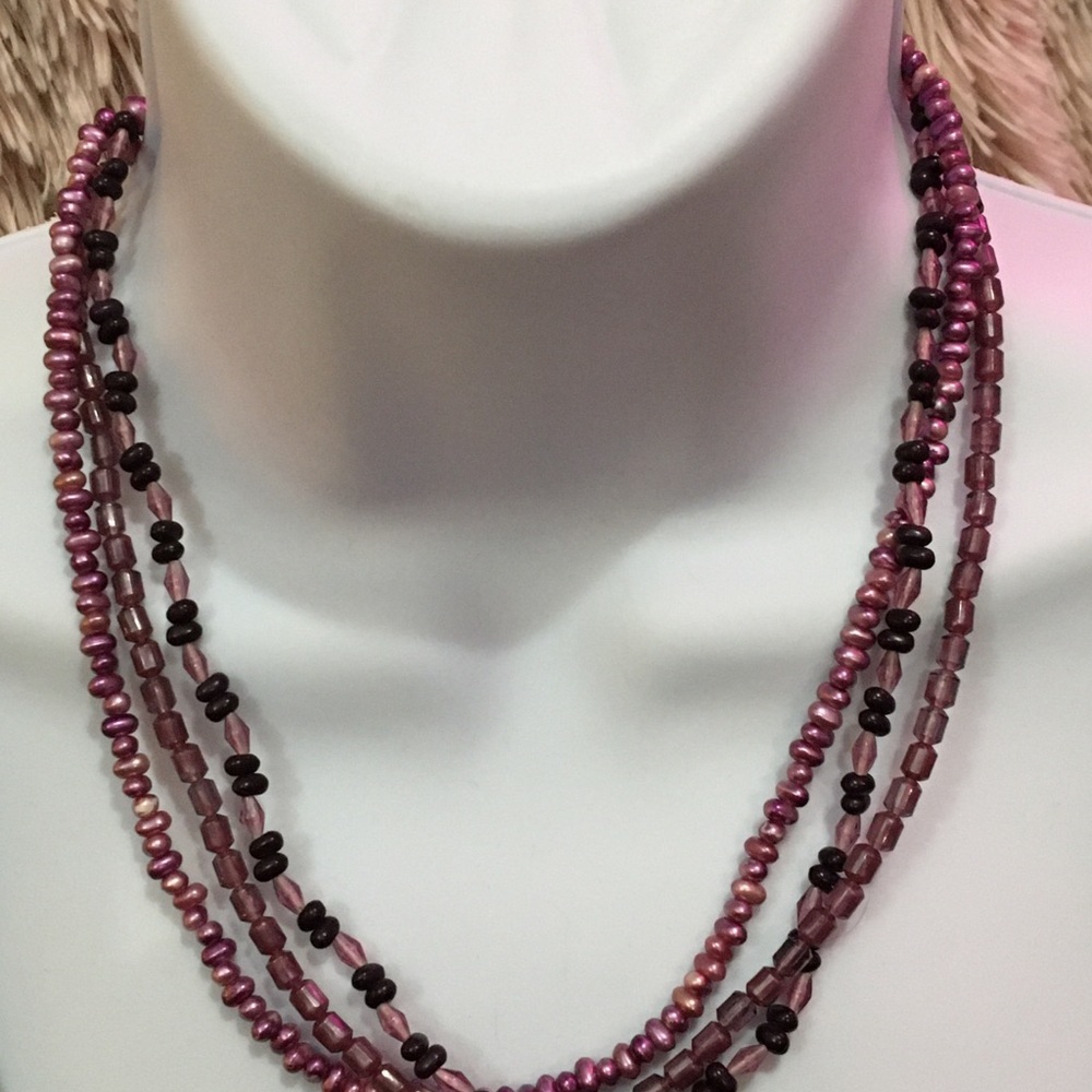 Chic Multi-Strand Purple and Black Beaded Necklace